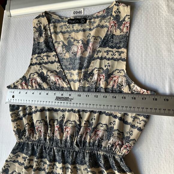 ME & CITY Women’s Sleeveless Short Jumpsuit Romper size L, Beige & Blue,Elephant - Picture 2 of 6